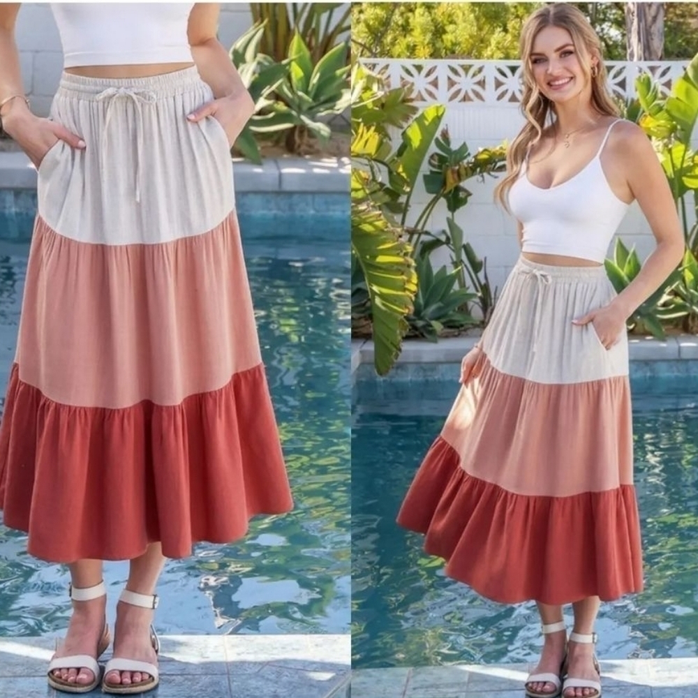 Soft Cotton Linen Tiered Color Block Skirt (Bonerust).